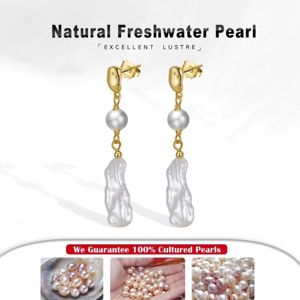 NEW 14K gold plated freshwater baroque pearl drop earrings jewelry gift B19 - Picture 3 of 8